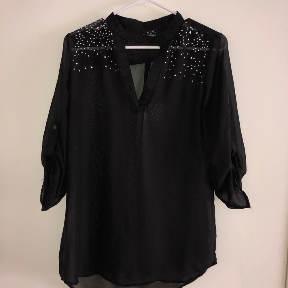 EUC Sheer black rhinestone shirt